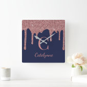 ネイビーブルーバラ金ゴールドスパークルグリッタードリップスモノグラム スクエア壁時計 (ホーム)