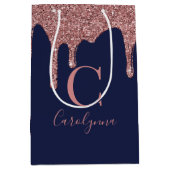 ネイビーブルーバラ金ゴールドスパークルグリッタードリップスモノグラム ミディアムペーパーバッグ (正面)