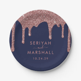 ネイビーブルーバラ金ゴールドスパークルグリッタードリップ結婚ズ ペーパープレート