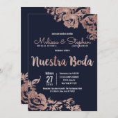 ネイビーブルーバラ金ゴールドスペインのフローラ結婚 招待状 (正面/裏面)