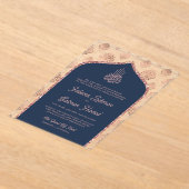 ネイビーブルーバラ金ゴールドダマスクアーチムスリム結婚ズ アクリル招待状 (レイダウン)