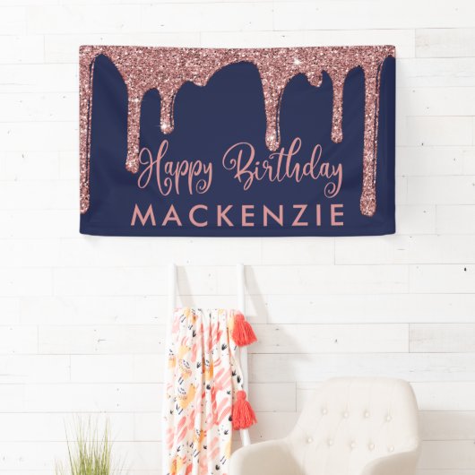 ネイビーブルーバラ金ゴールドドリッピンググリッター誕生日 横断幕 (インサイチュ)