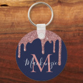 ネイビーブルーバラ金ゴールドフェイクグリッタードリップスモノグラム キーホルダー (正面)