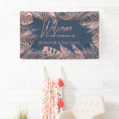 ネイビーブルーバラ金ゴールドフォイル熱帯ロマン葉シット 横断幕 (インサイチュ)