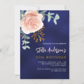 ネイビーブルーバラ金ゴールドフローラの緑の誕生日 招待状 (正面)