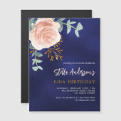 ネイビーブルーバラ金ゴールドフローラグリーンラグジュアリー マグネット招待状 (正面/裏面)