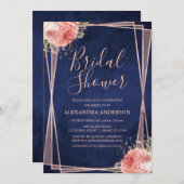 ネイビーブルーバラ金ゴールドフローラブライダルシャワー 招待状 (正面/裏面)