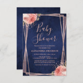 ネイビーブルーバラ金ゴールドフローラベビーシャワー 招待状 (正面/裏面)