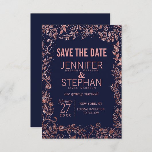 ネイビーブルーバラ金ゴールドフローラ結婚グリッター セーブザデート (正面/裏面)