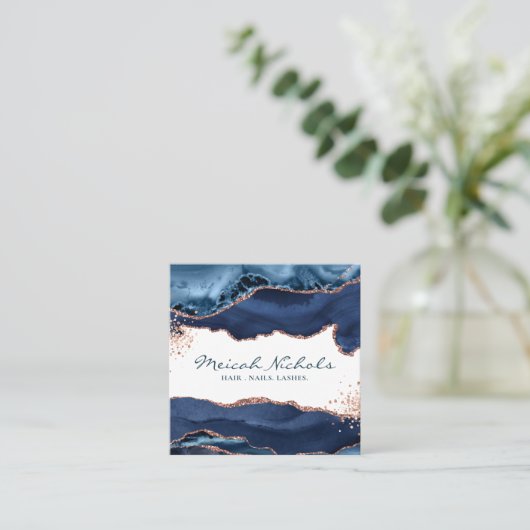 ネイビーブルーバラ金ゴールドマーブルアゲートパーソナライズされたト スクエア名刺 (スタンド正面)