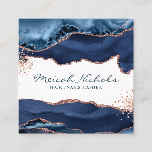 ネイビーブルーバラ金ゴールドマーブルアゲートパーソナライズされたト スクエア名刺 (正面)
