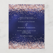 ネイビーブルーバラ金ゴールド予算結婚式招待状 (正面)