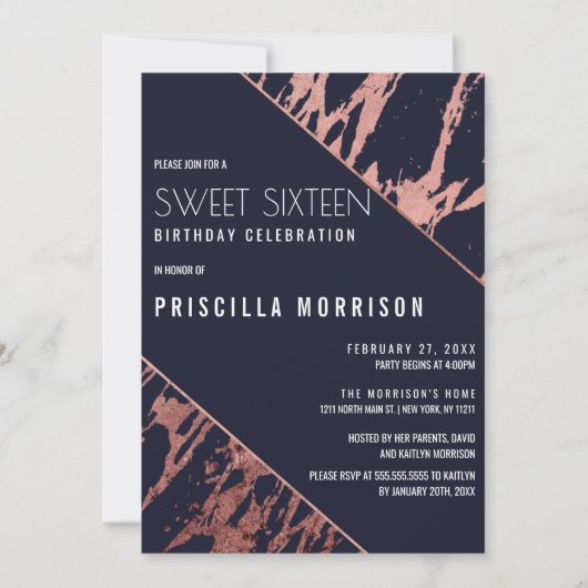 ネイビーブルーバラ金ゴールド大理石対角線スイート16 招待状 (正面)