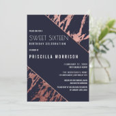 ネイビーブルーバラ金ゴールド大理石対角線スイート16 招待状 (スタンド正面)