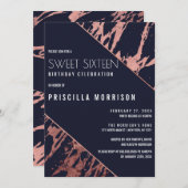 ネイビーブルーバラ金ゴールド大理石対角線スイート16 招待状 (正面/裏面)