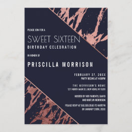 ネイビーブルーバラ金ゴールド大理石対角線スイート16 招待状