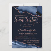 ネイビーブルーバラ金ゴールド大理石Agate甘い16写真 招待状 (正面)