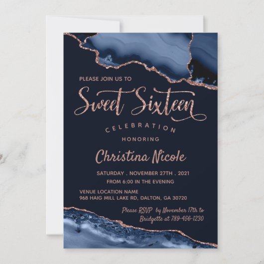 ネイビーブルーバラ金ゴールド大理石Agate甘い16写真 招待状 (正面)