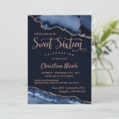 ネイビーブルーバラ金ゴールド大理石Agate甘い16写真 招待状 (スタンド正面)