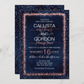 ネイビーブルーバラ金ゴールド散布紙吹雪結婚ズ 招待状 (正面/裏面)