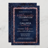 ネイビーブルーバラ金ゴールド散布紙吹雪誕生日 招待状 (正面/裏面)