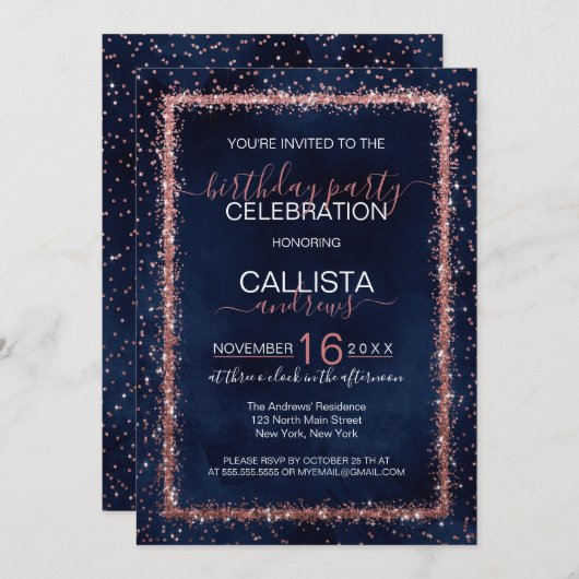 ネイビーブルーバラ金ゴールド散布紙吹雪誕生日 招待状 (正面/裏面)