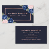 ネイビーブルーバラ金ゴールド水彩フローラ 名刺 (正面/裏面)