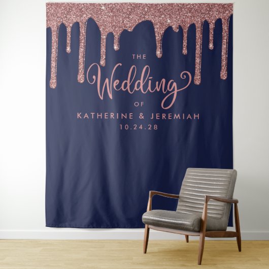 ネイビーブルーバラ金ゴールド結婚グリッターへようこそ タペストリー (インサイチュ)