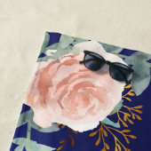 ネイビーブルーバラ金ゴールド花模様モノグラムイニシャル ビーチタオル (インサイチュ)