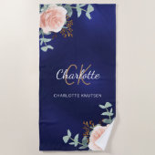 ネイビーブルーバラ金ゴールド花模様モノグラムイニシャル ビーチタオル (正面)