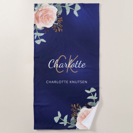 ネイビーブルーバラ金ゴールド花模様モノグラムイニシャル ビーチタオル (正面)