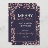 ネイビーブルーバラ金ゴールド葉フローラクリスマス シーズンカード (正面/裏面)