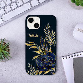ネイビーブルーバラ金ゴールド葉モノグラム Case-Mate iPhone 14ケース