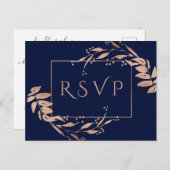 ネイビーブルーバラ金ゴールド葉樹結婚式RSVPはがき ポストカード (正面/裏面)