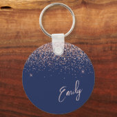 ネイビーブルーバラ金ゴールド赤面ピンクグリッターモノグラム キーホルダー (正面)