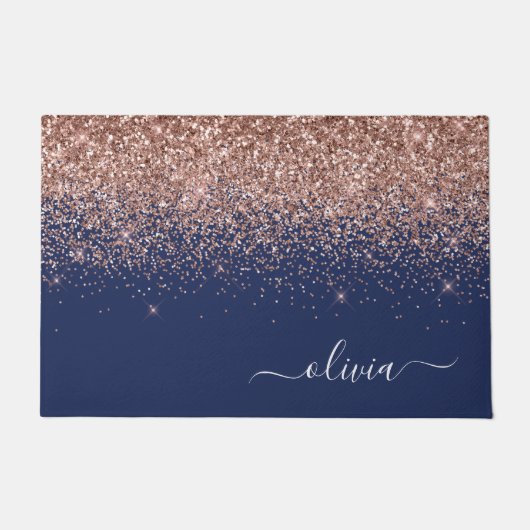 ネイビーブルーバラ金ゴールド赤面ピンクグリッターモノグラム ドアマット (正面)