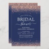 ネイビーブルーバラ金ゴールド赤面ピンクグリッターモノグラム 招待状 (正面/裏面)