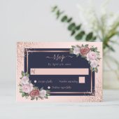 ネイビーブルーバラ金ゴールド赤面ピンク結婚フローラ 出欠カード (スタンド正面)