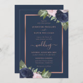 ネイビーブルーバラ金ゴールド赤面結婚式招待状 招待状 (正面/裏面)