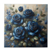 ネイビーブルーバラ金ゴールド金箔印象派アート タイル (正面)