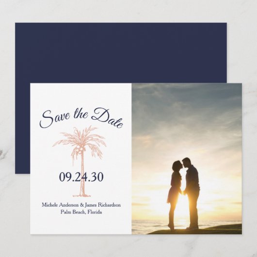 ネイビーブルーバラ金ゴールド銅パーム結婚ツリーの写真 セーブザデート (正面/裏面)