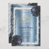ネイビーブルーバラ、グリッターフレームクラウンメタリック 招待状 (正面/裏面)