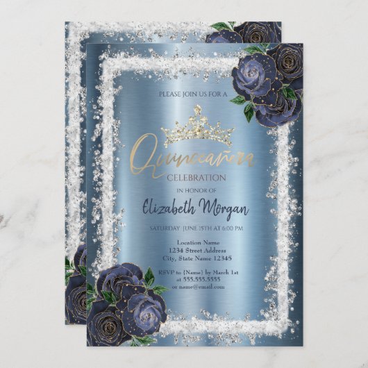 ネイビーブルーバラ、グリッターフレームクラウンメタリック 招待状 (正面/裏面)