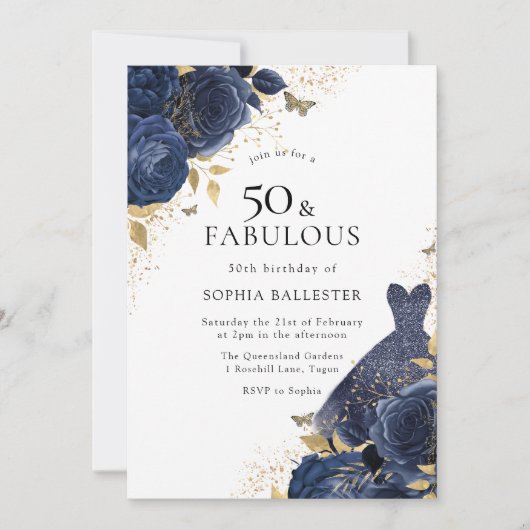 ネイビーブルーバラ&ドレス金ゴールド50 & Fabulous 50th 招待状 (正面)