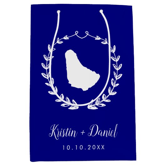 ネイビーブルーバルバドスマップ結婚のウェルカムスワッグ ミディアムペーパーバッグ (正面)