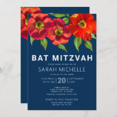 ネイビーブルーバルミツワーレッドウォーター色フローラ モダン 招待状 (正面/裏面)