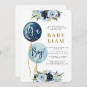 ネイビーブルーバルーンベビーシャワー少年の招待 招待状 (正面/裏面)