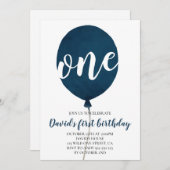 ネイビーブルーバルーンボーイファースト誕生日 招待状 (正面/裏面)