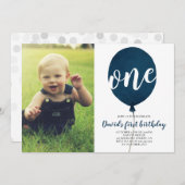 ネイビーブルーバルーンボーイ誕生日First Photo 招待状 (正面/裏面)