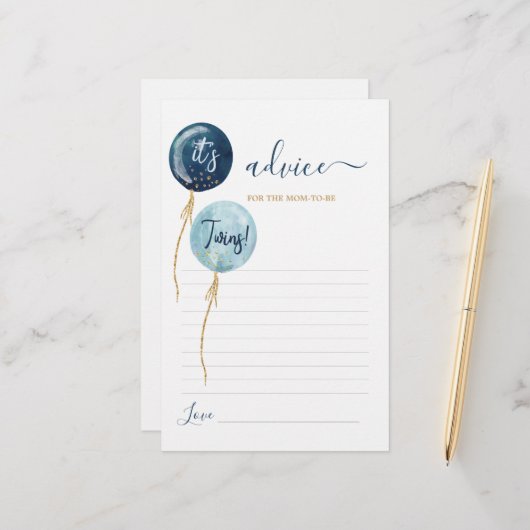 ネイビーブルーバルーン双子アドバイスfor Mom To Be Card (正面/裏面インサイチュ)